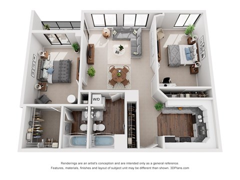 A 3D floor plan of a small apartment with a kitchen, living room, and bedrooms.